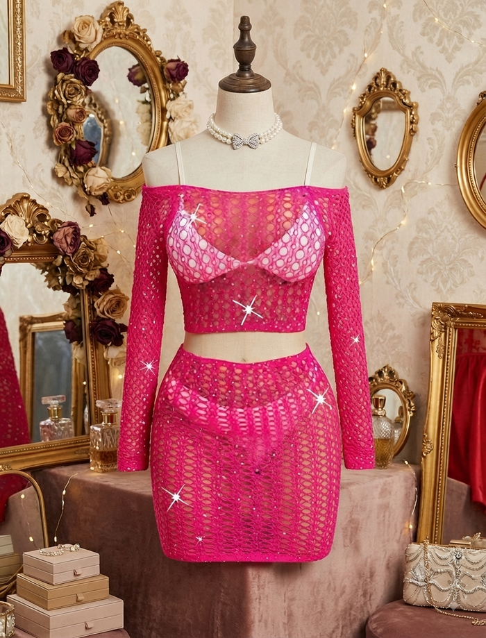 Fuşya Taşlı File Crop Top ve Mini Etek Takımı