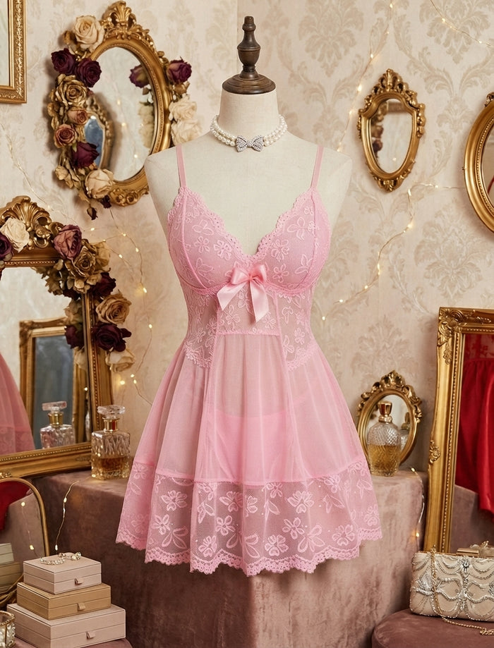 Pembe Çiçek Dantelli Fırfırlı Babydoll Gecelik