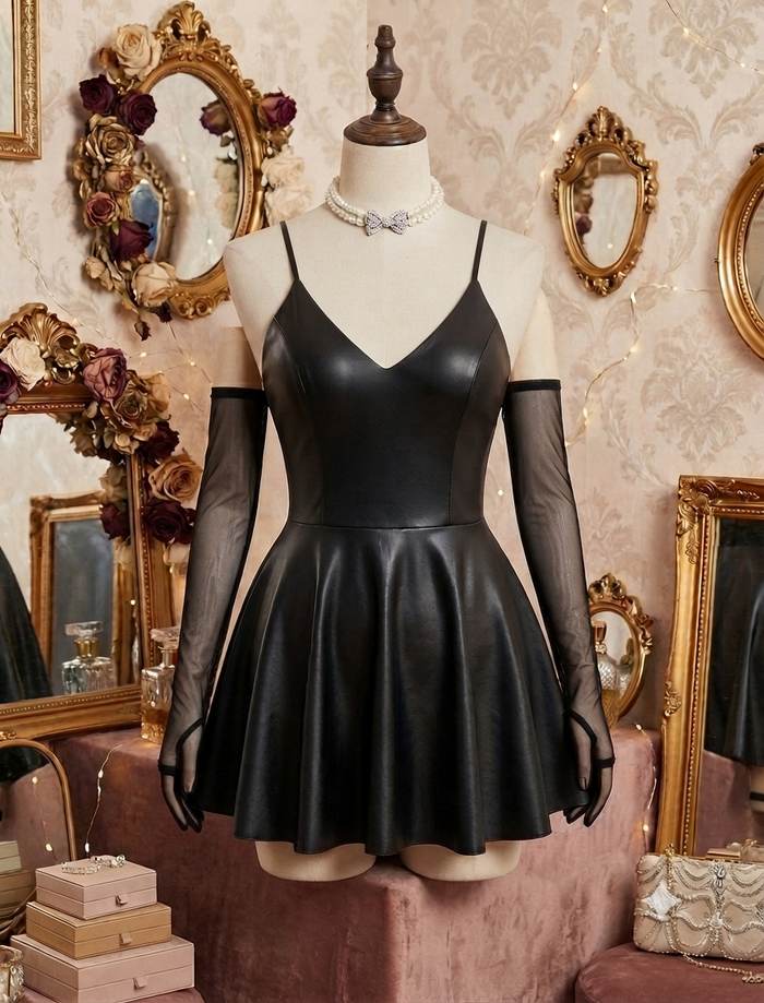 Siyah file eldivenli deri bodycon fantazi elbise