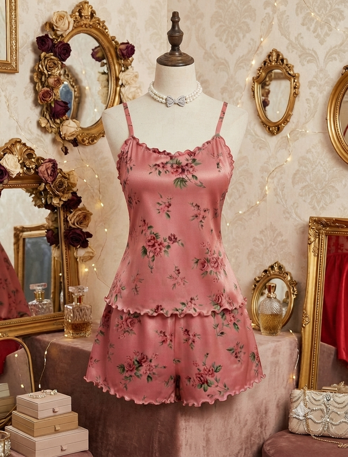 Gül desenli saten pijama takımı gül kurusu