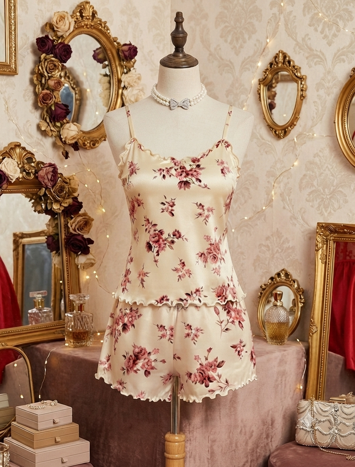 Gül desenli saten pijama takımı fildişi