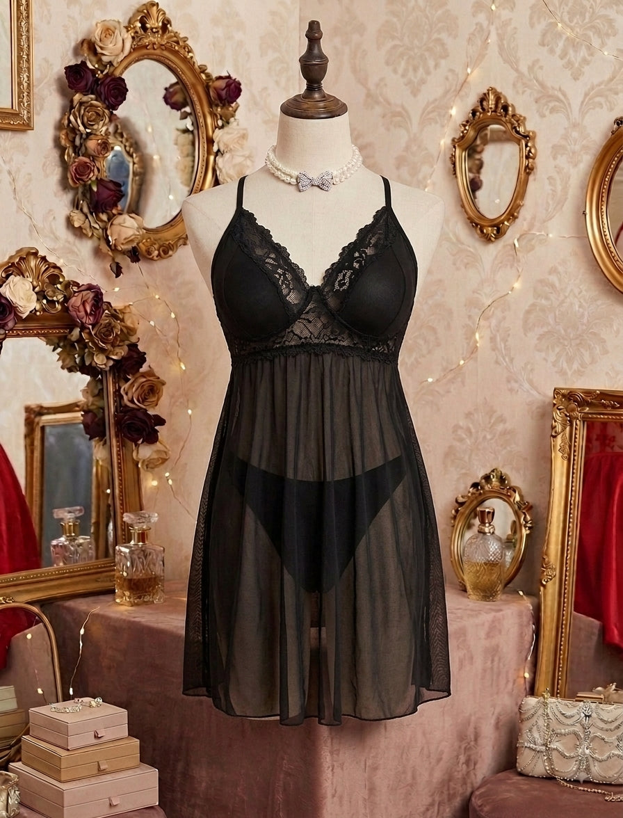 Siyah Dantelli Bralet Gecelik Büyük Beden