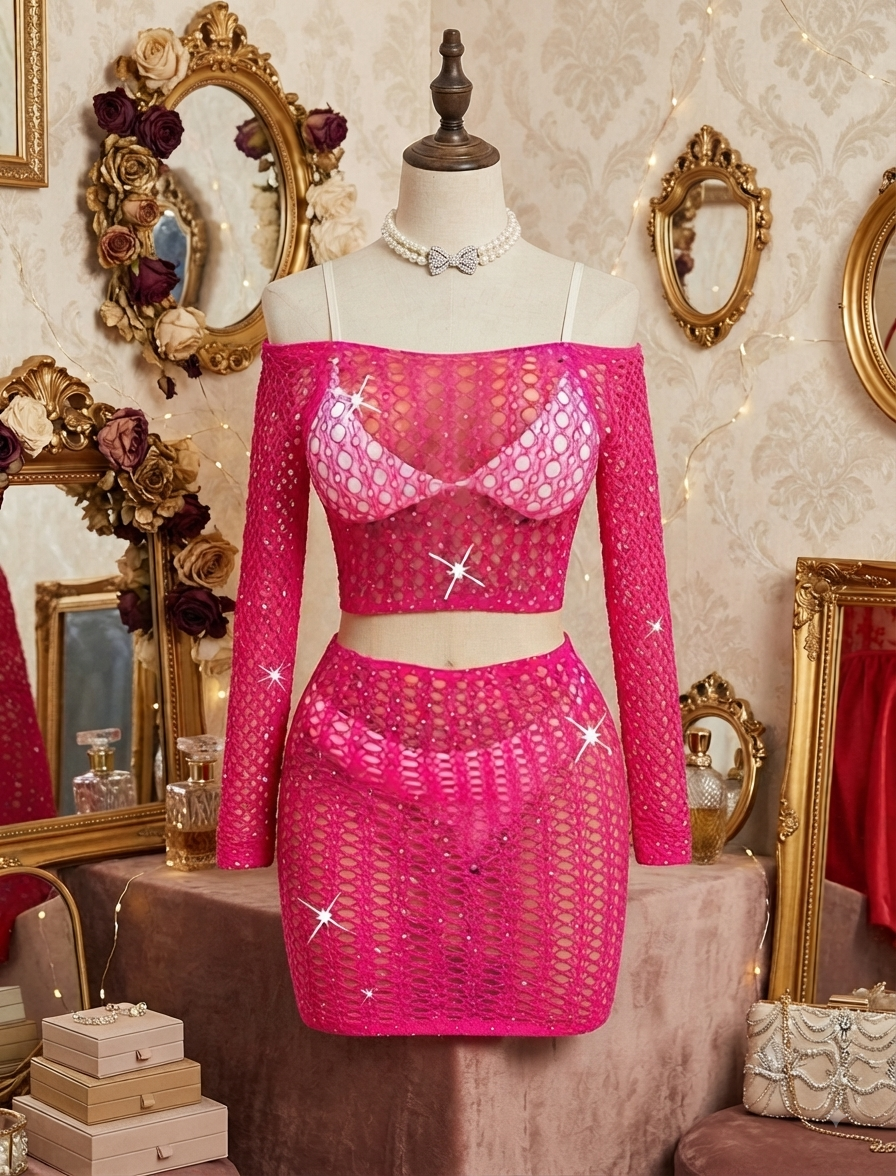 Fuşya Taşlı File Crop Top ve Mini Etek Takımı