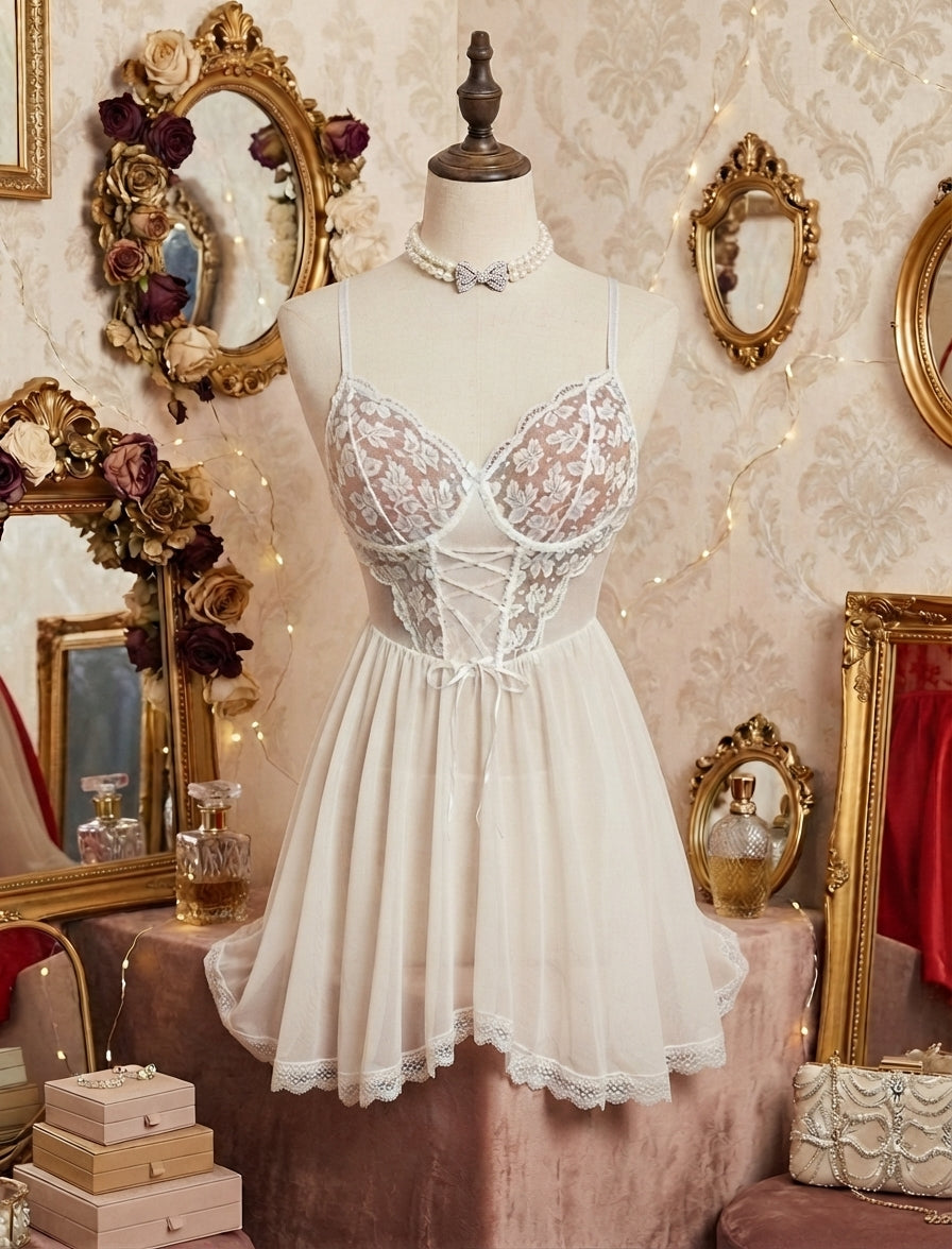 Beyaz Korseli Dantel Babydoll Gecelik