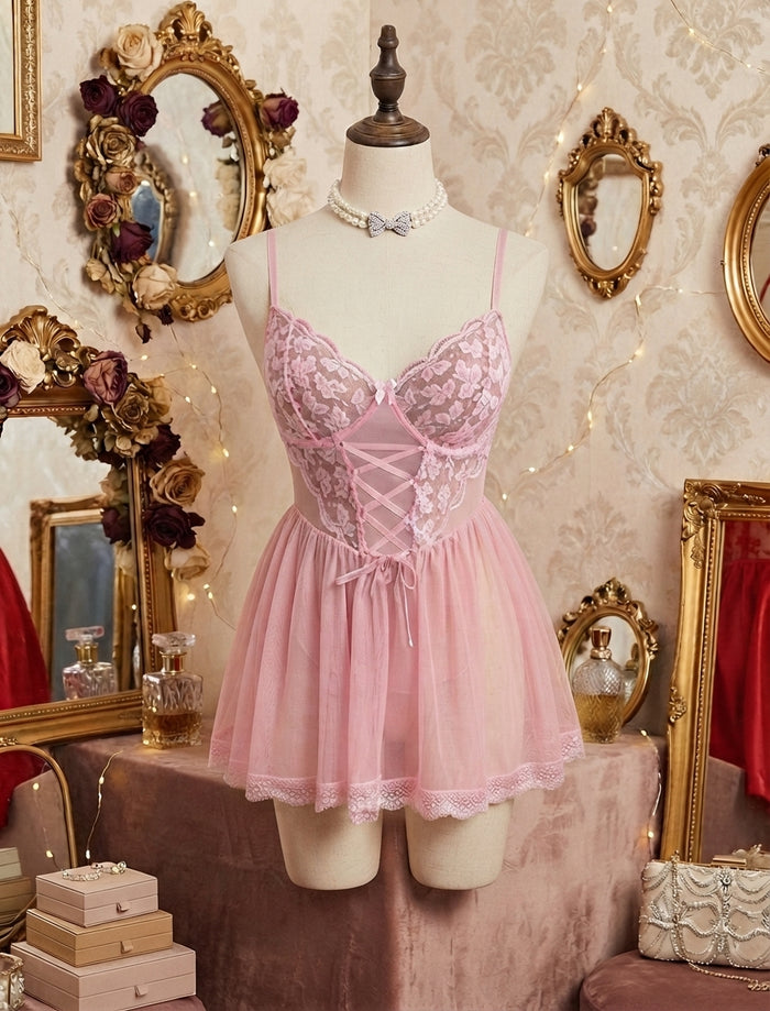 Pembe Korseli Dantel Babydoll Gecelik