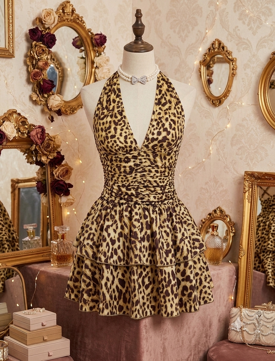 Leopar desenli derin yaka fantazi mini elbise