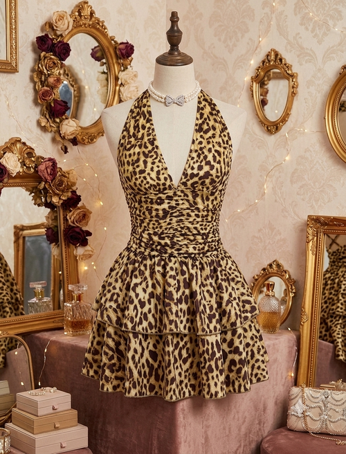 Leopar Desenli Derin Yaka Fantazi Mini Elbise