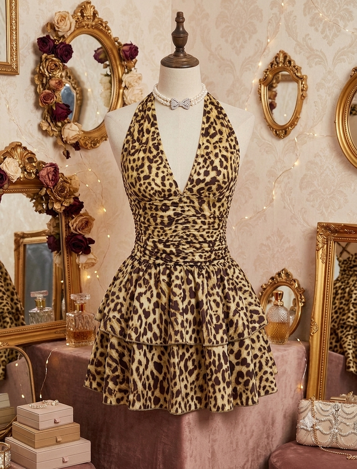 Leopar desenli derin yaka fantazi mini elbise
