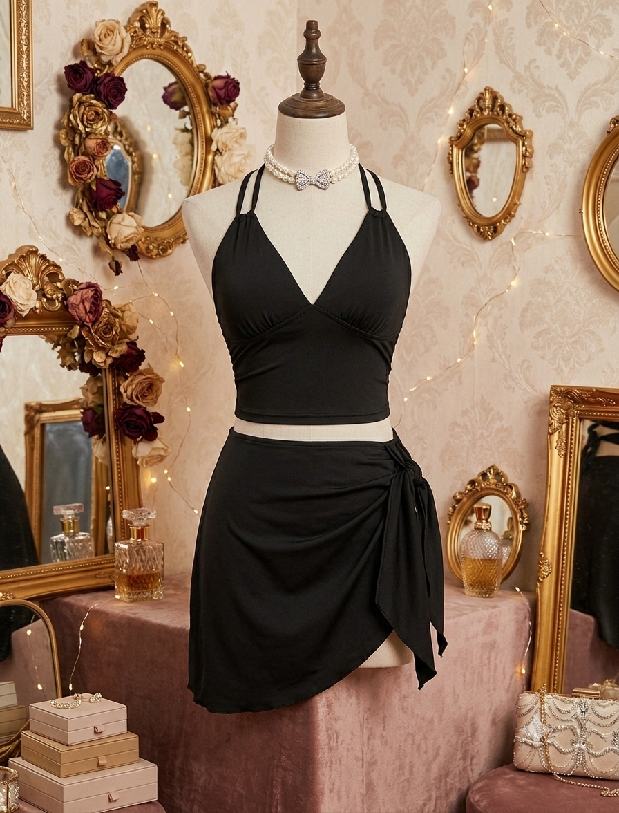 Siyah halter yaka crop bluz ve etek fantazi takımı