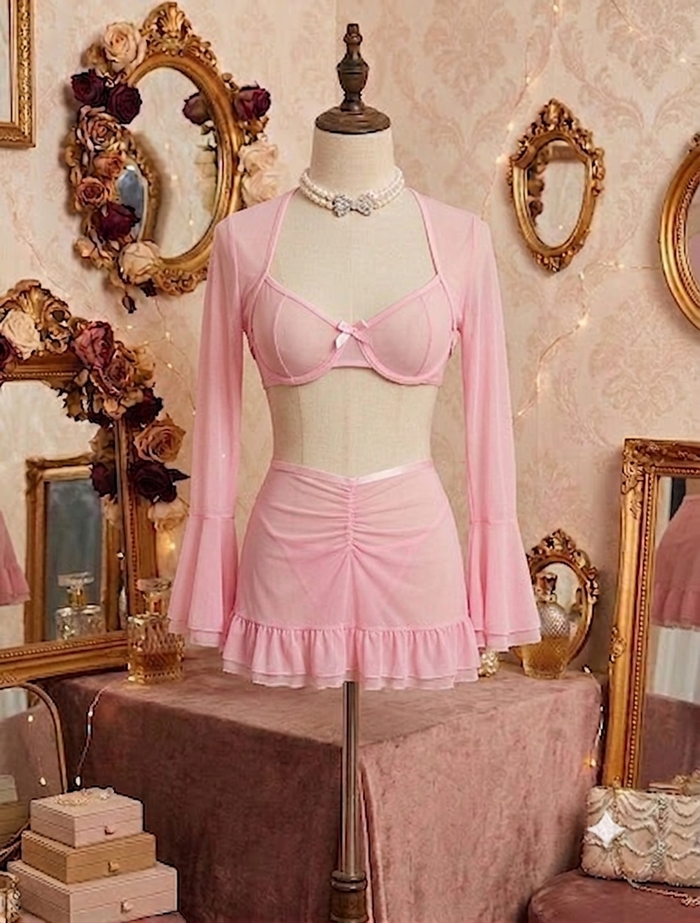 Pembe kaydırmalı yaka uzun kollu toplama etek takımı