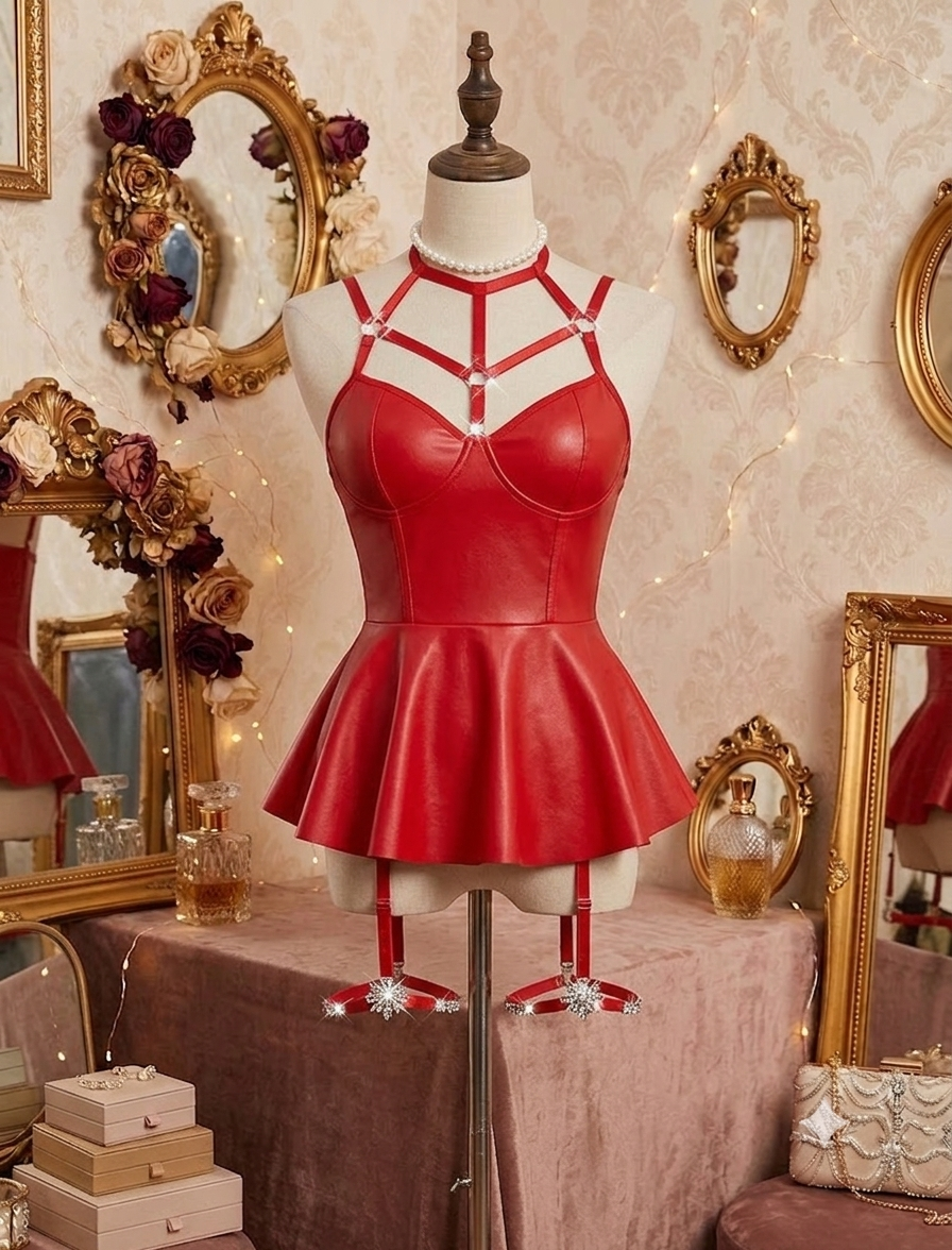 Kırmızı harness deri sütyen ve etek fantazi takımı