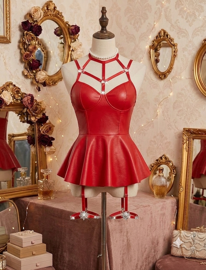Kırmızı harness deri sütyen ve etek fantazi takımı