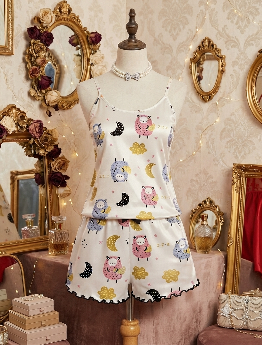 Kuşu ve ay desenli krem saten pijama takımı