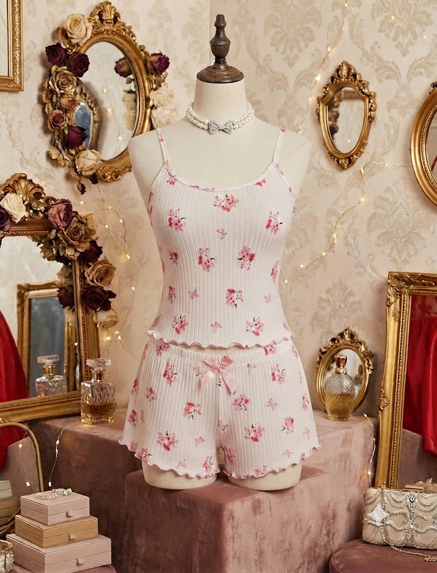 Çiçek ve kelebek desenli beyaz fıtıllı pijama takımı