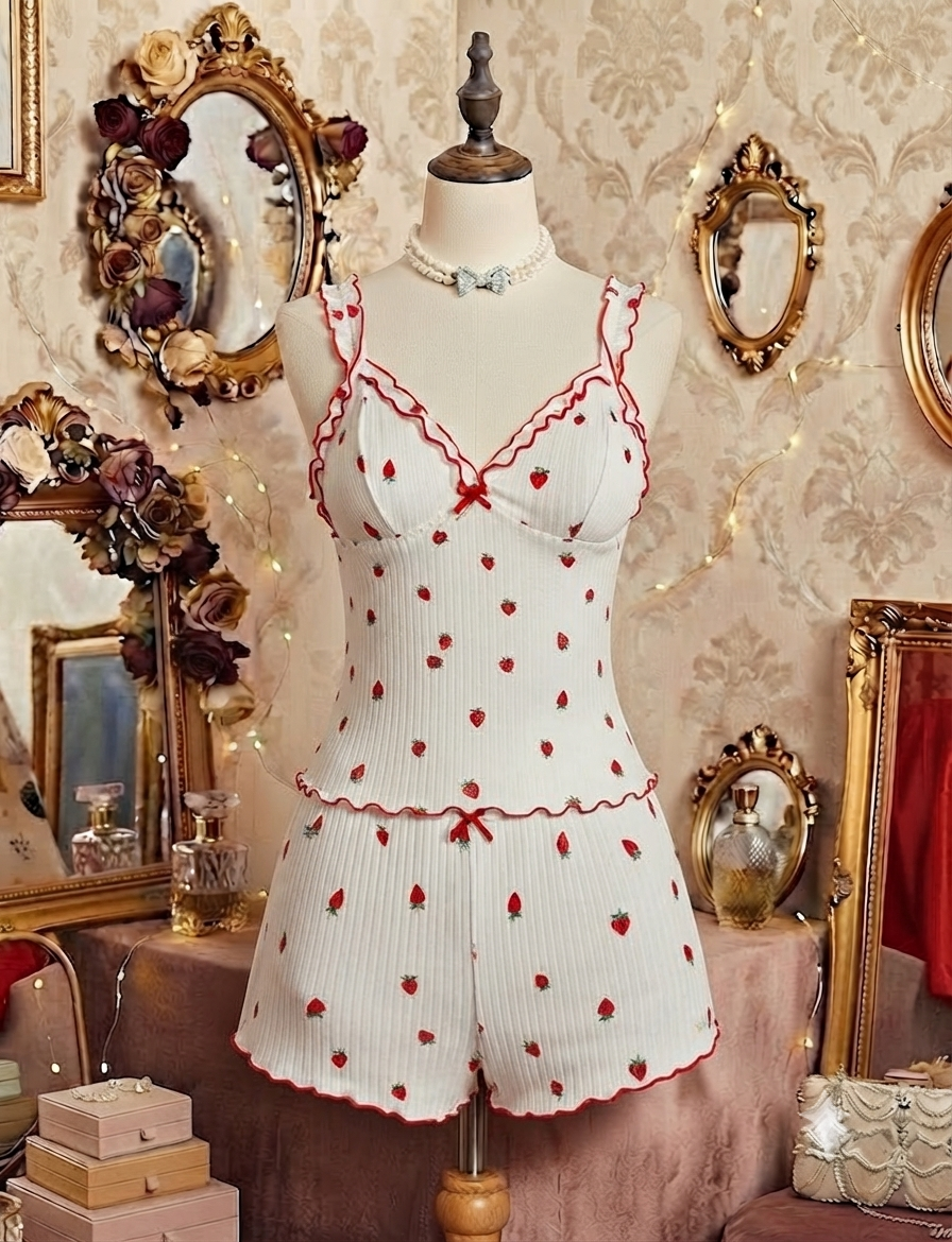 Çilek nakışlı fisto kenarlı pijama takımı beyaz