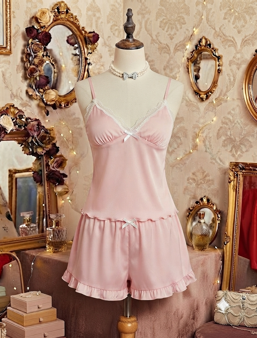 Dantel detaylı düz renk saten pijama takımı pudra pembe