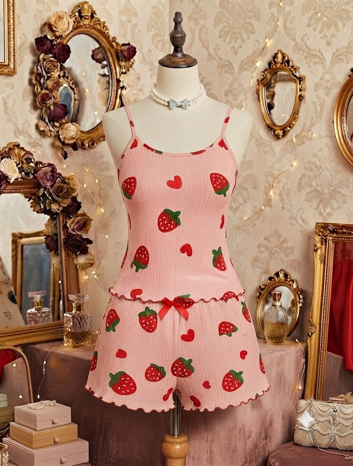 Çilek desenli fıtıllı pijama takımı pembe