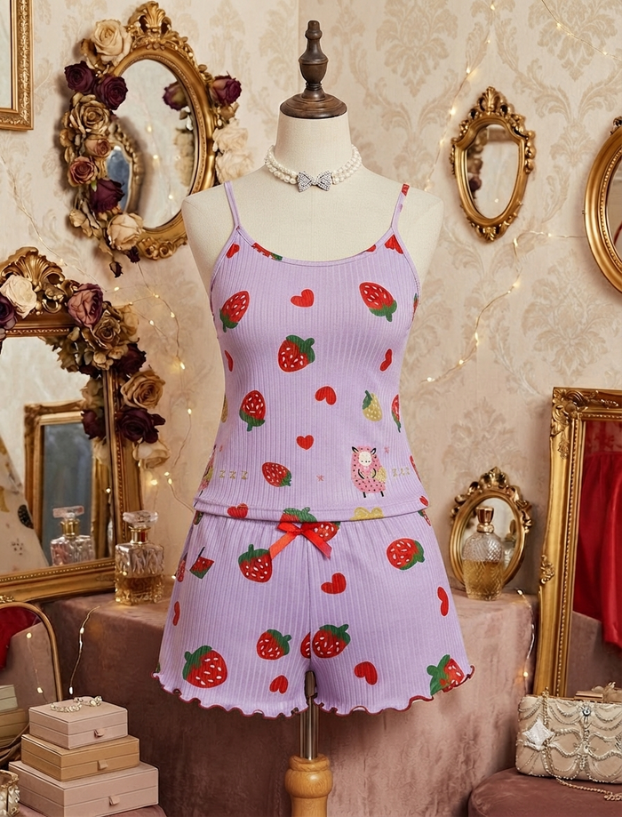 Çilek ve kuşu desenli fıtıllı pijama takımı lila